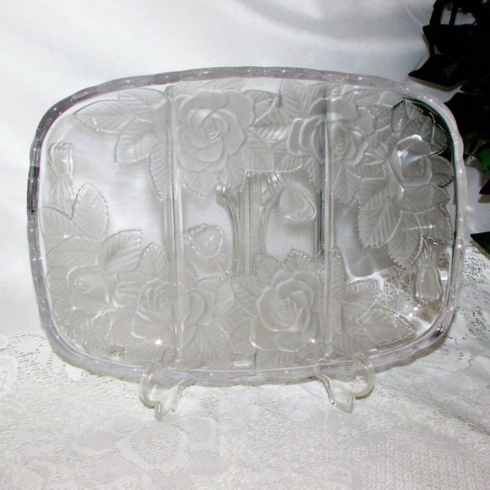 Studio Nova Winter Rose Large Glass Platter Divided Serving Dish Tray Floral